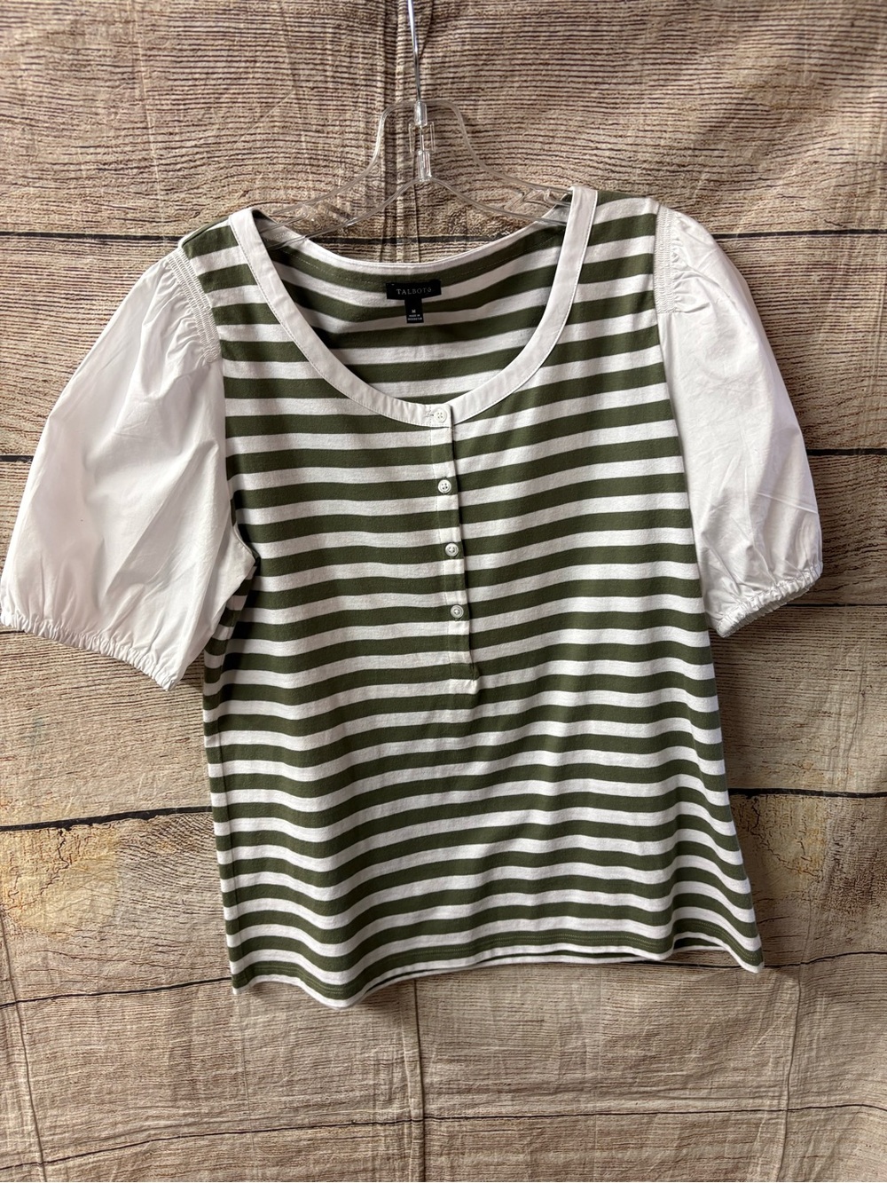 😍 Talbots Olive & White Striped Puff Sleeve Henley Top